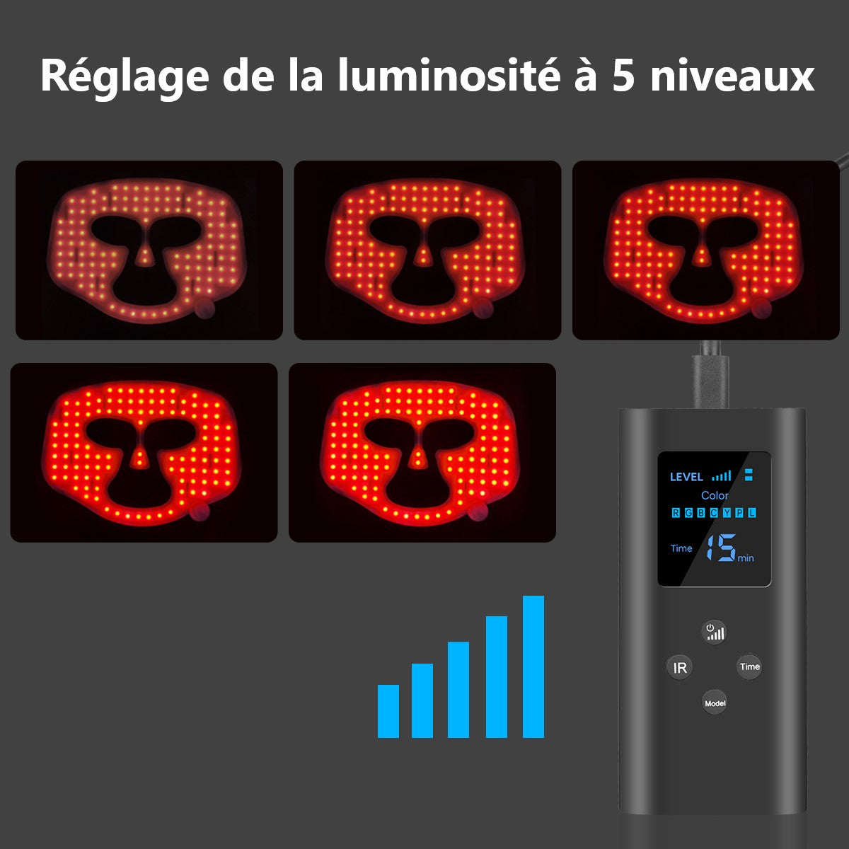 Máscara Led Facial Luminoterapia 7 Colores - Negro Flexible
