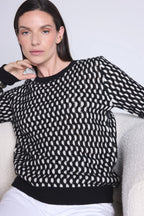 Jersey gráfico de cuello redondo con textura Terry - Negro y blanco - Mujer