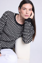 Jersey gráfico de cuello redondo con textura Terry - Negro y blanco - Mujer