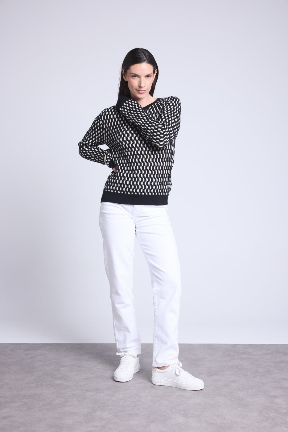 Jersey gráfico de cuello redondo con textura Terry - Negro y blanco - Mujer