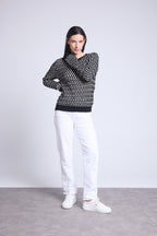 Jersey gráfico de cuello redondo con textura Terry - Negro y blanco - Mujer