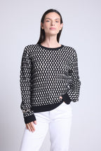 Jersey gráfico de cuello redondo con textura Terry - Negro y blanco - Mujer