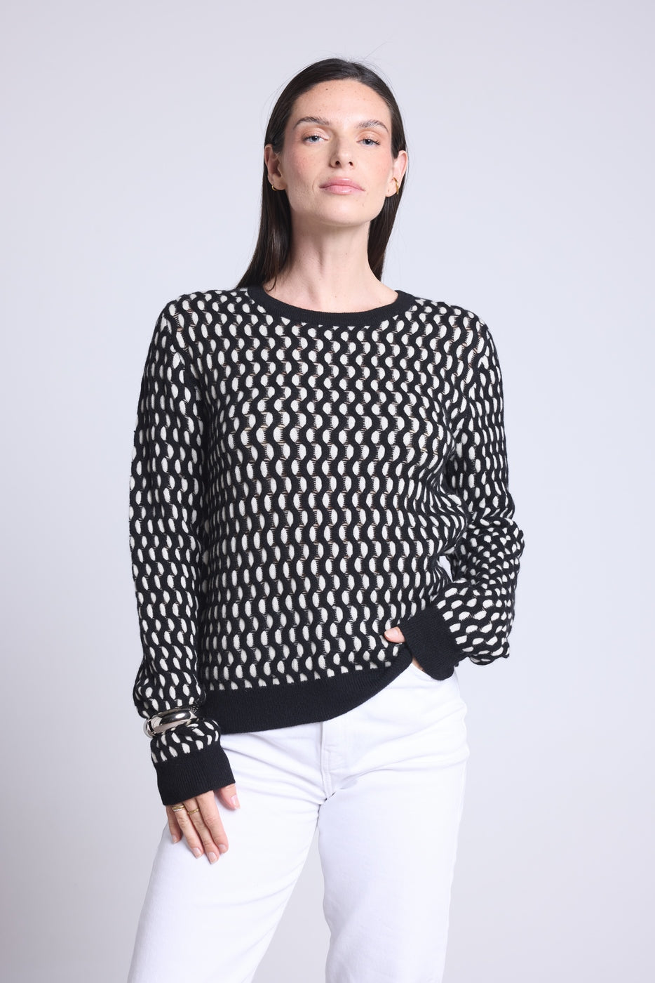 Jersey gráfico de cuello redondo con textura Terry - Negro y blanco - Mujer