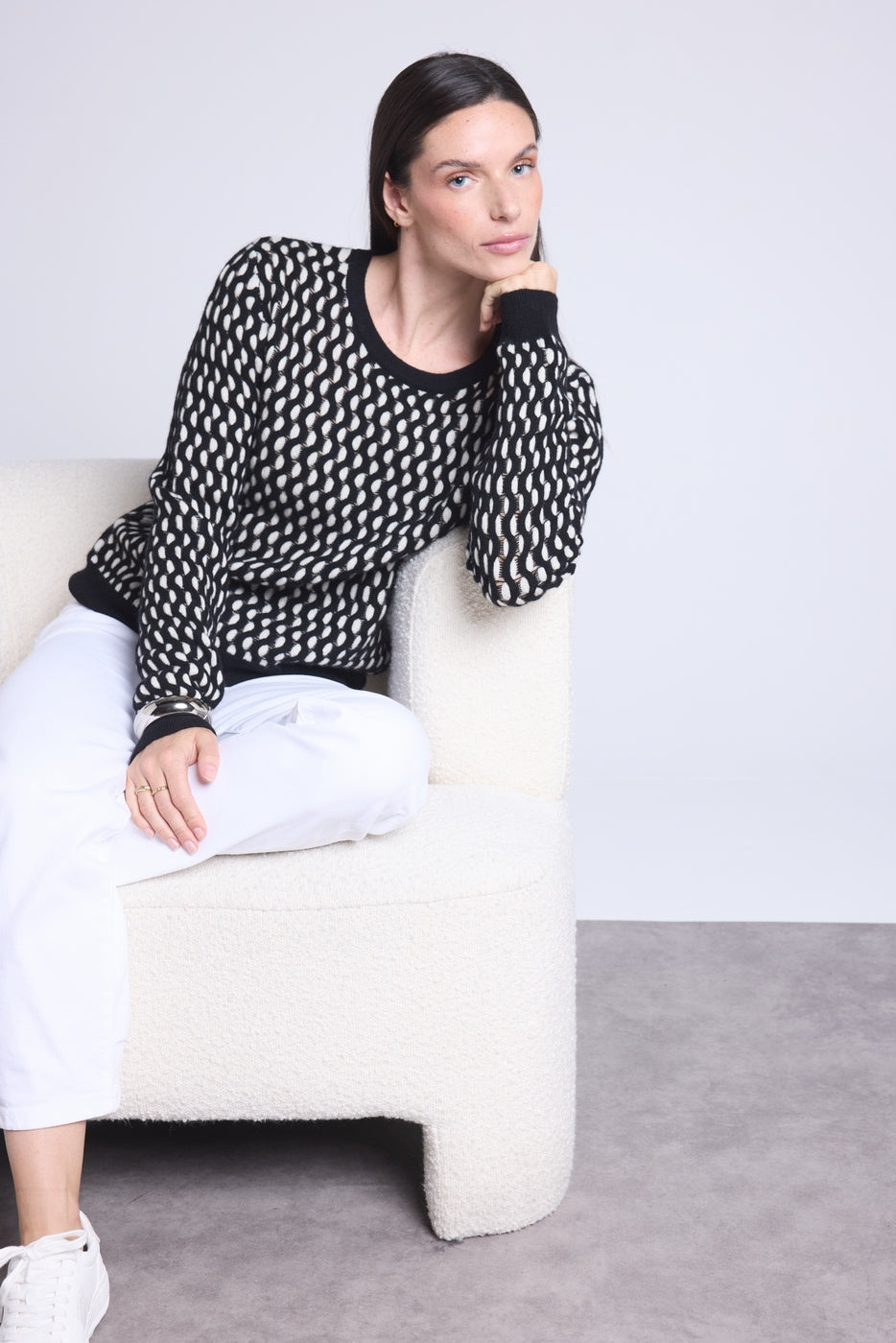 Jersey gráfico de cuello redondo con textura Terry - Negro y blanco - Mujer