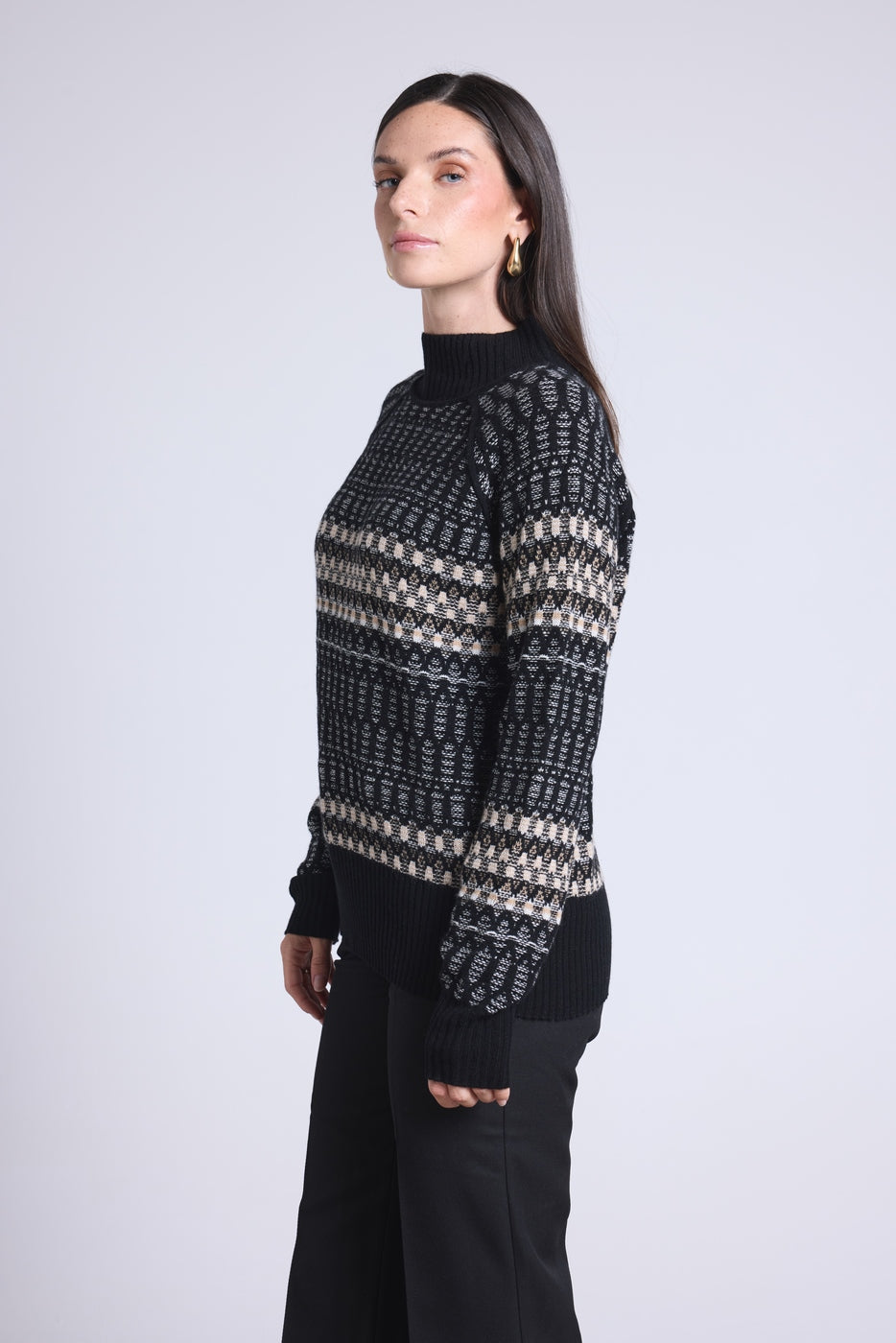 Jersey de cuello alto texturizado Tibby - Negro Blanco Beige - Mujer