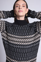 Jersey de cuello alto texturizado Tibby - Negro Blanco Beige - Mujer