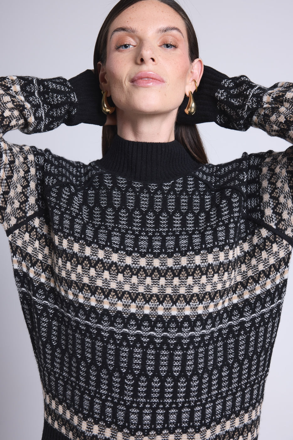 Jersey de cuello alto texturizado Tibby - Negro Blanco Beige - Mujer