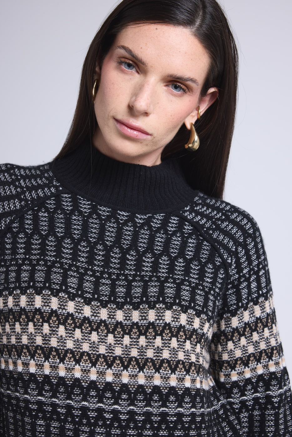 Jersey de cuello alto texturizado Tibby - Negro Blanco Beige - Mujer