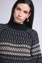Jersey de cuello alto texturizado Tibby - Negro Blanco Beige - Mujer