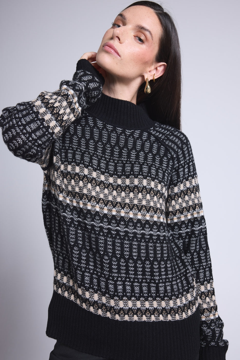 Jersey de cuello alto texturizado Tibby - Negro Blanco Beige - Mujer