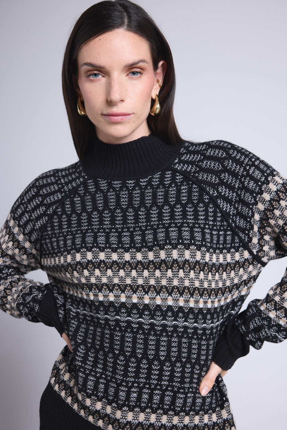Jersey de cuello alto texturizado Tibby - Negro Blanco Beige - Mujer