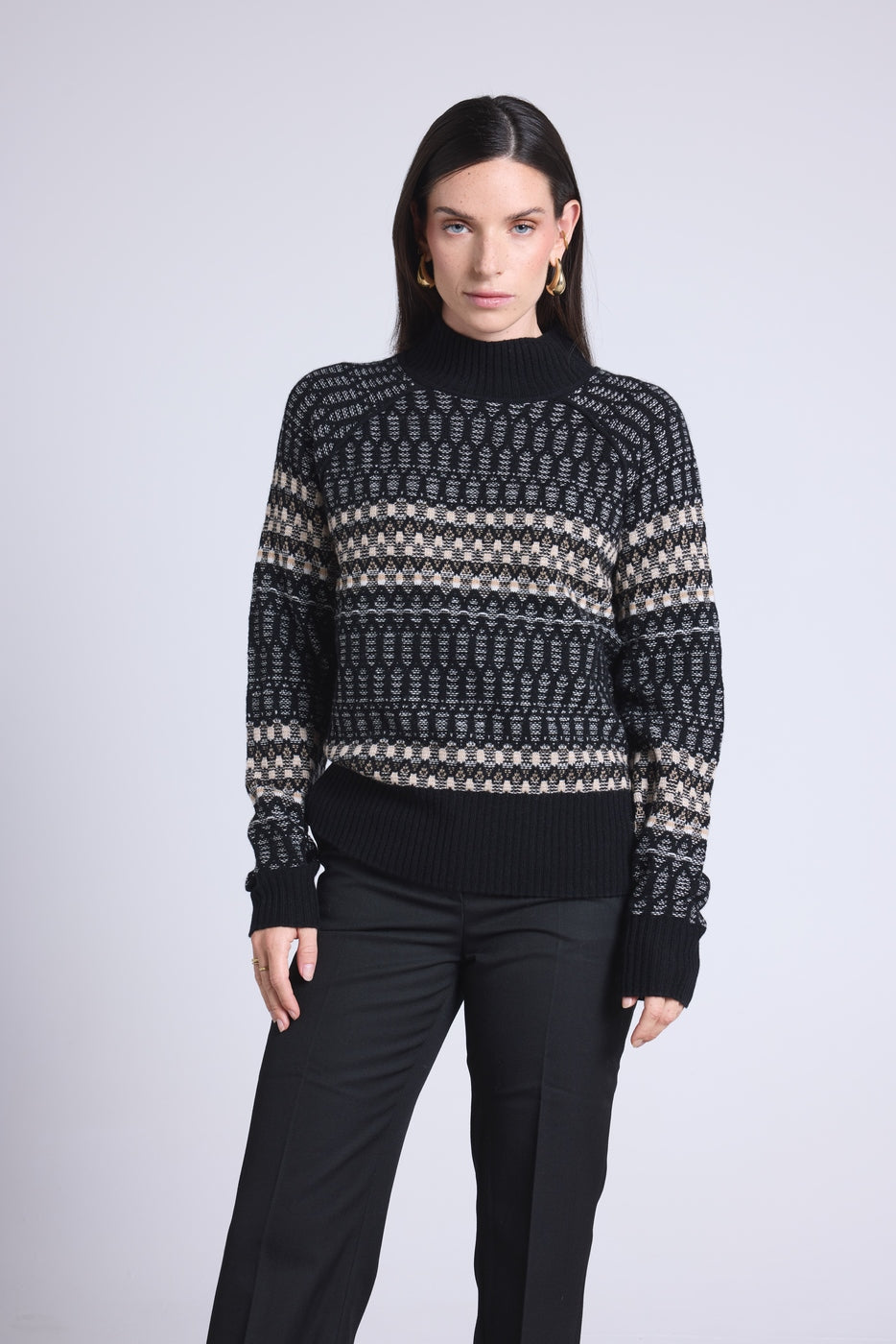 Jersey de cuello alto texturizado Tibby - Negro Blanco Beige - Mujer