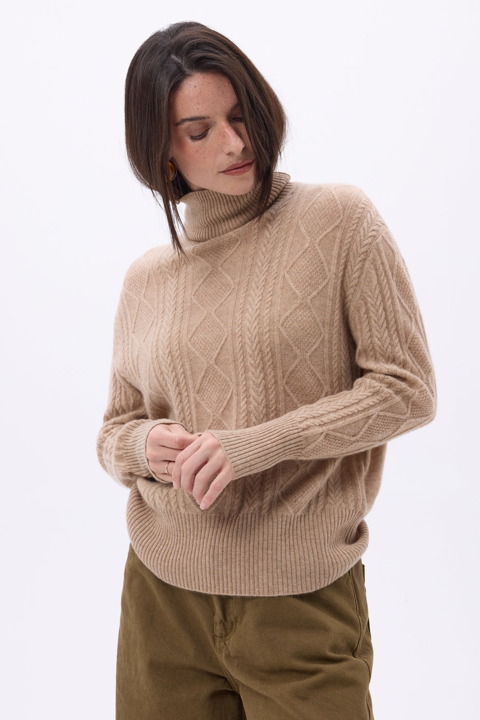 Pull Col Roulé Torsades Oversize Tory - Beige Creme - Femme
