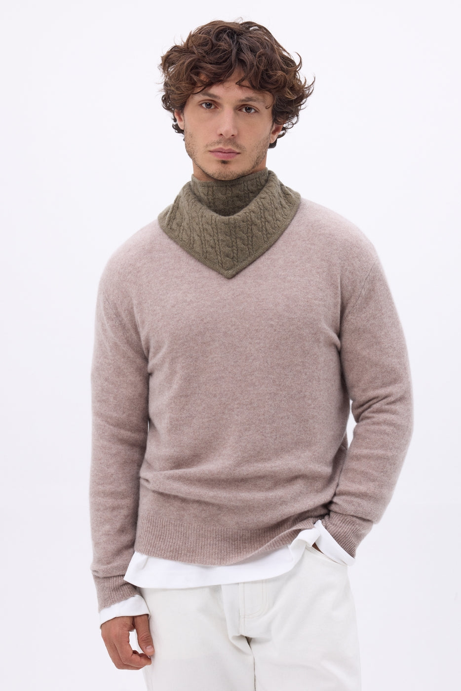 Bufanda triangular de punto trenzado Tory - Caqui jaspeado - Hombre