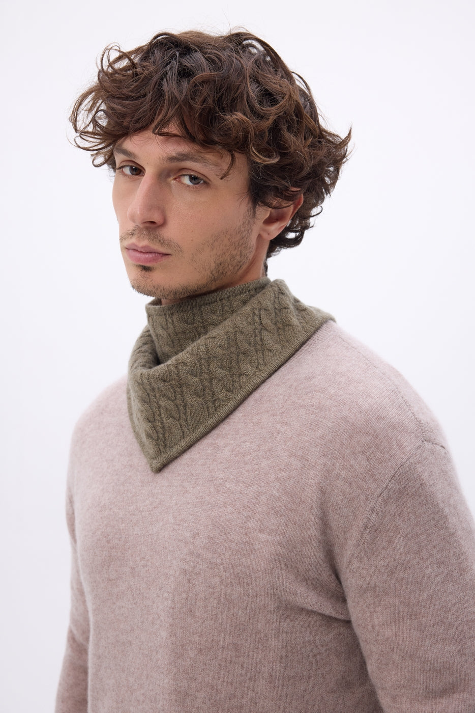 Bufanda triangular de punto trenzado Tory - Caqui jaspeado - Hombre