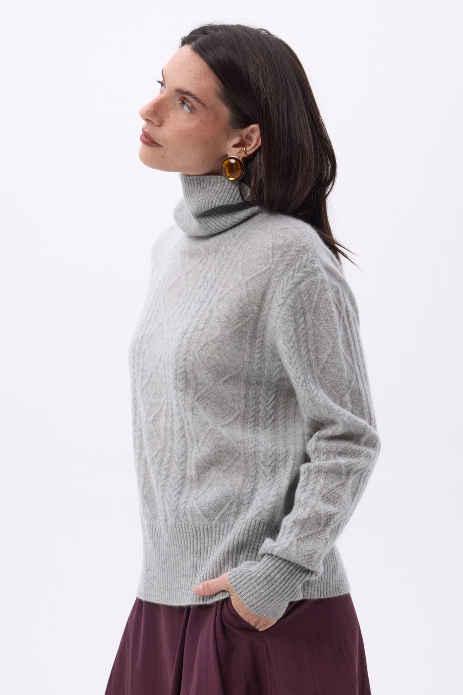 Pull Col Roulé Torsades Oversize Tory - Gris Clair - Femme