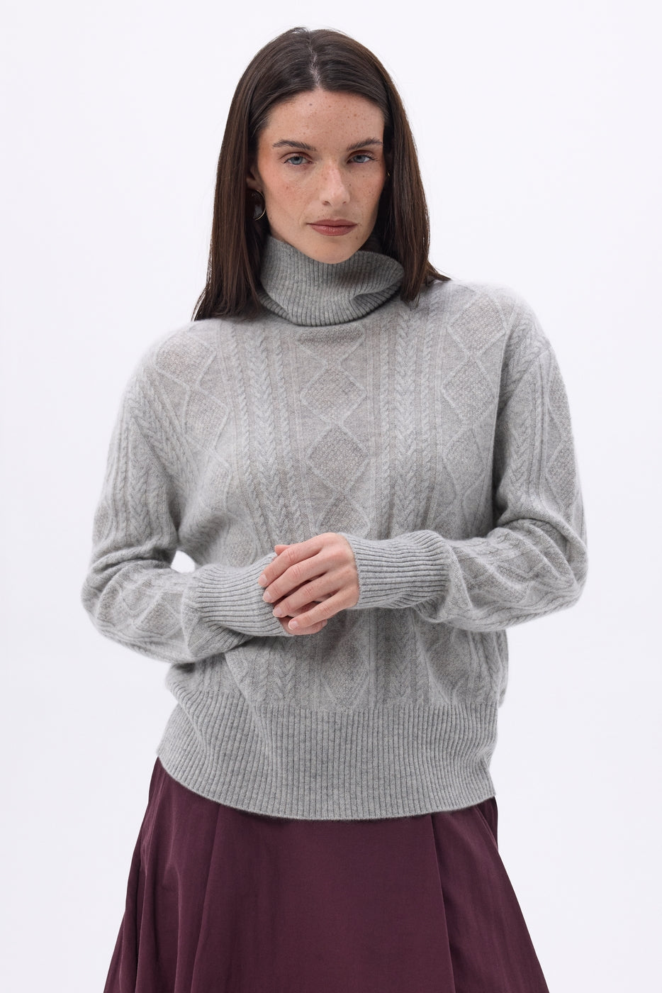 Pull Col Roulé Torsades Oversize Tory - Gris Clair - Femme