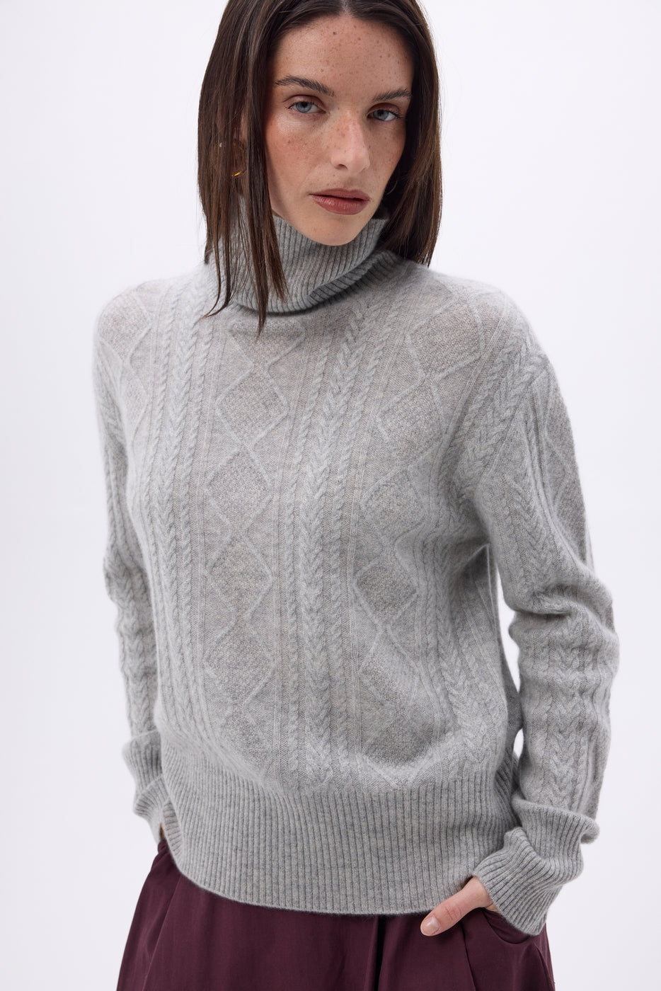 Pull Col Roulé Torsades Oversize Tory - Gris Clair - Femme