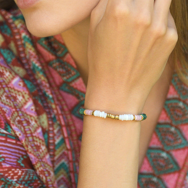 Pulsera de ópalo blanco con ópalo rosa y malaquita Necalli