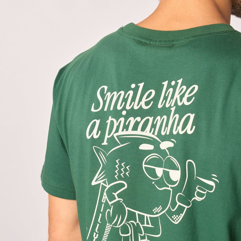T-Shirt In 100% Cotone Biologico Billy - Verde, Stampa "Smile Like A Piranha"