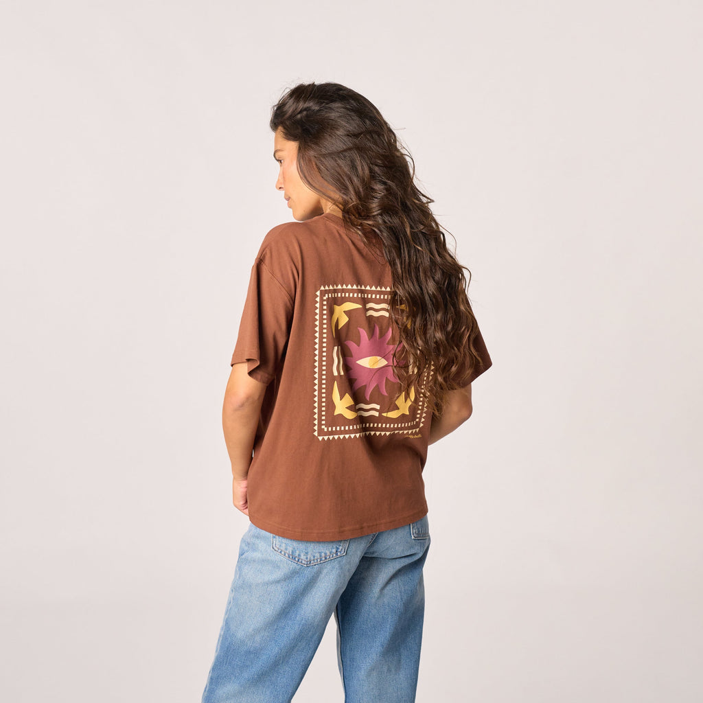 T-Shirt Donna In 100% Cotone Biologico - Marrone, Stampa Sole