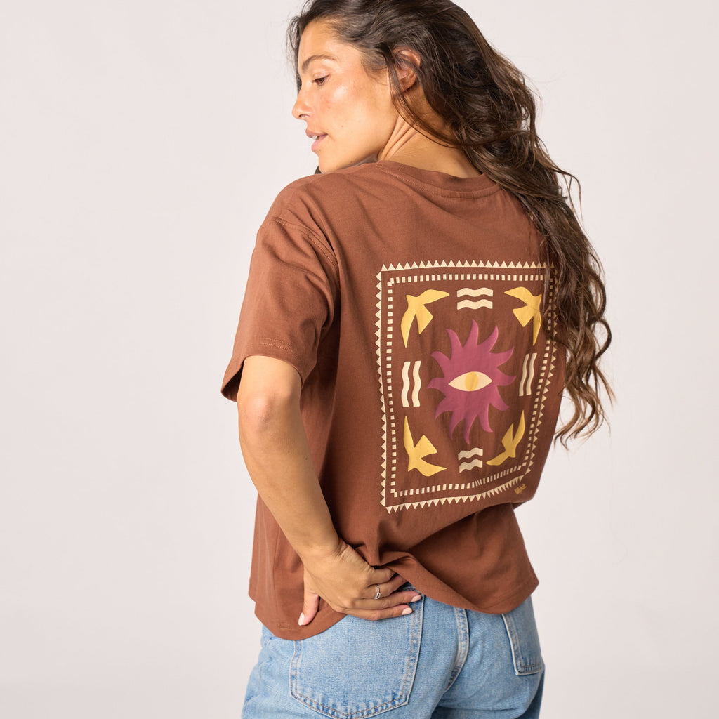 T-Shirt Donna In 100% Cotone Biologico - Marrone, Stampa Sole