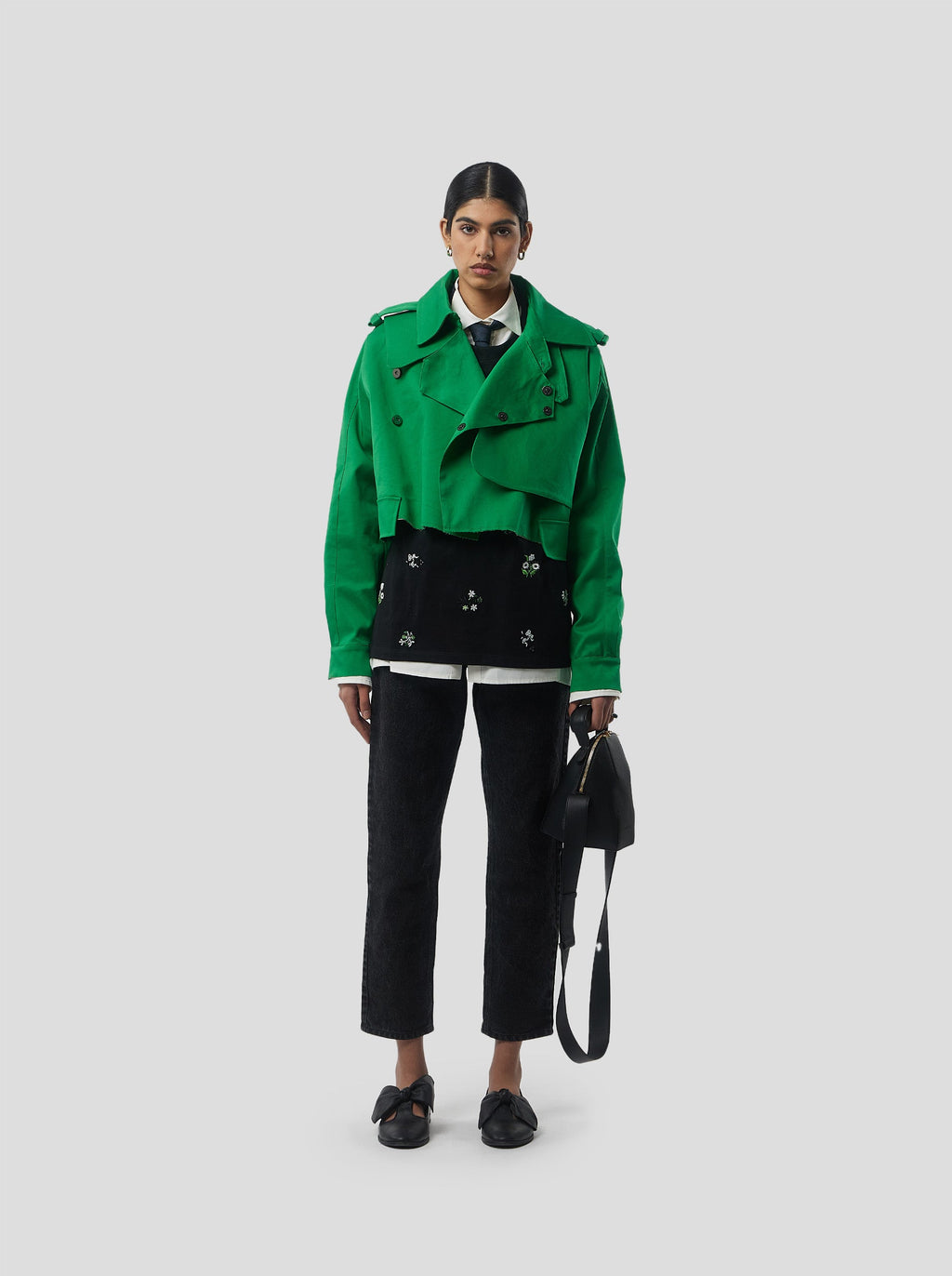 Trevor Cropped Trench Coat in Technical Kelly Green Fabric
