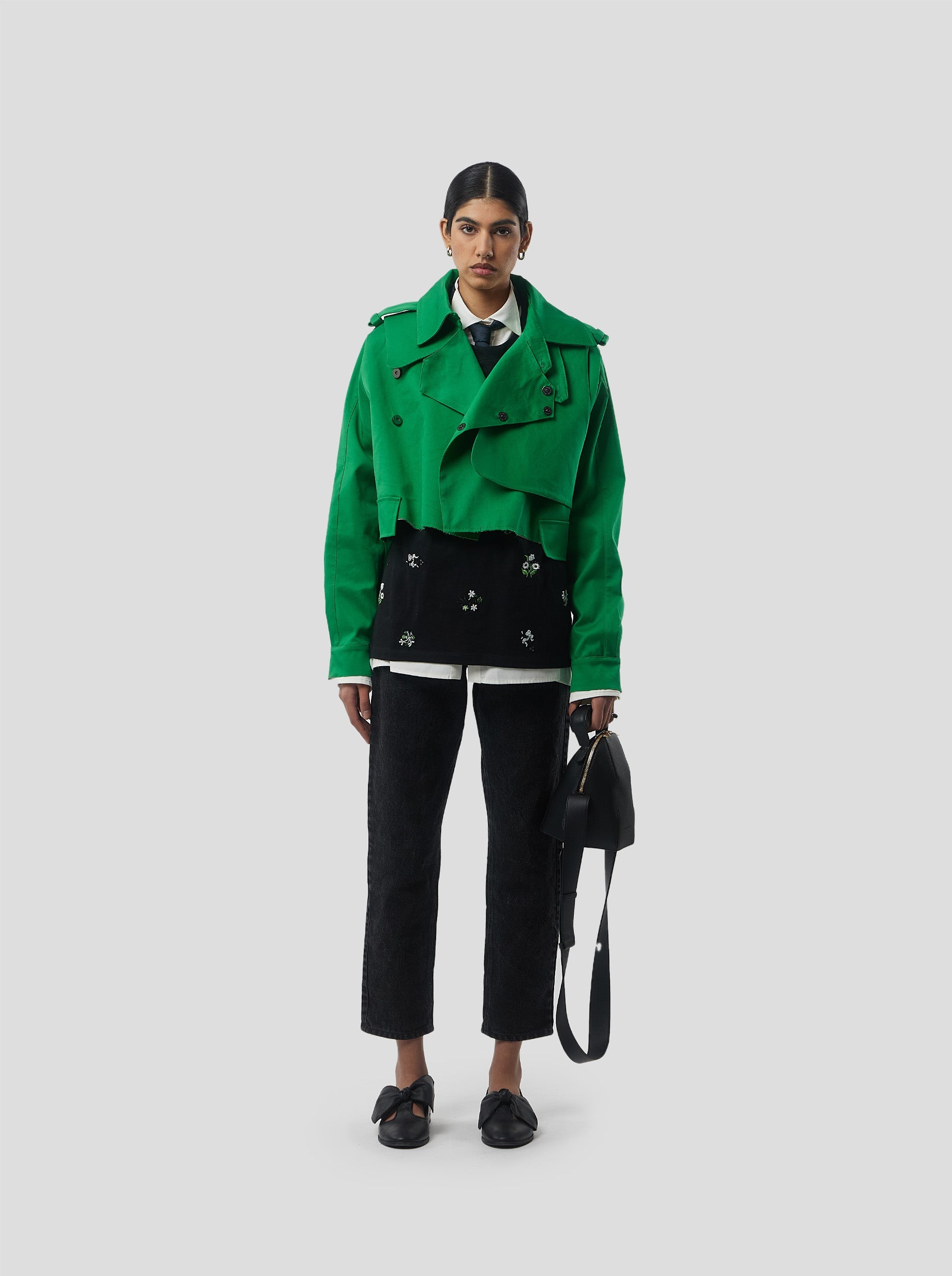 Trevor Cropped Trench Coat in Technical Kelly Green Fabric