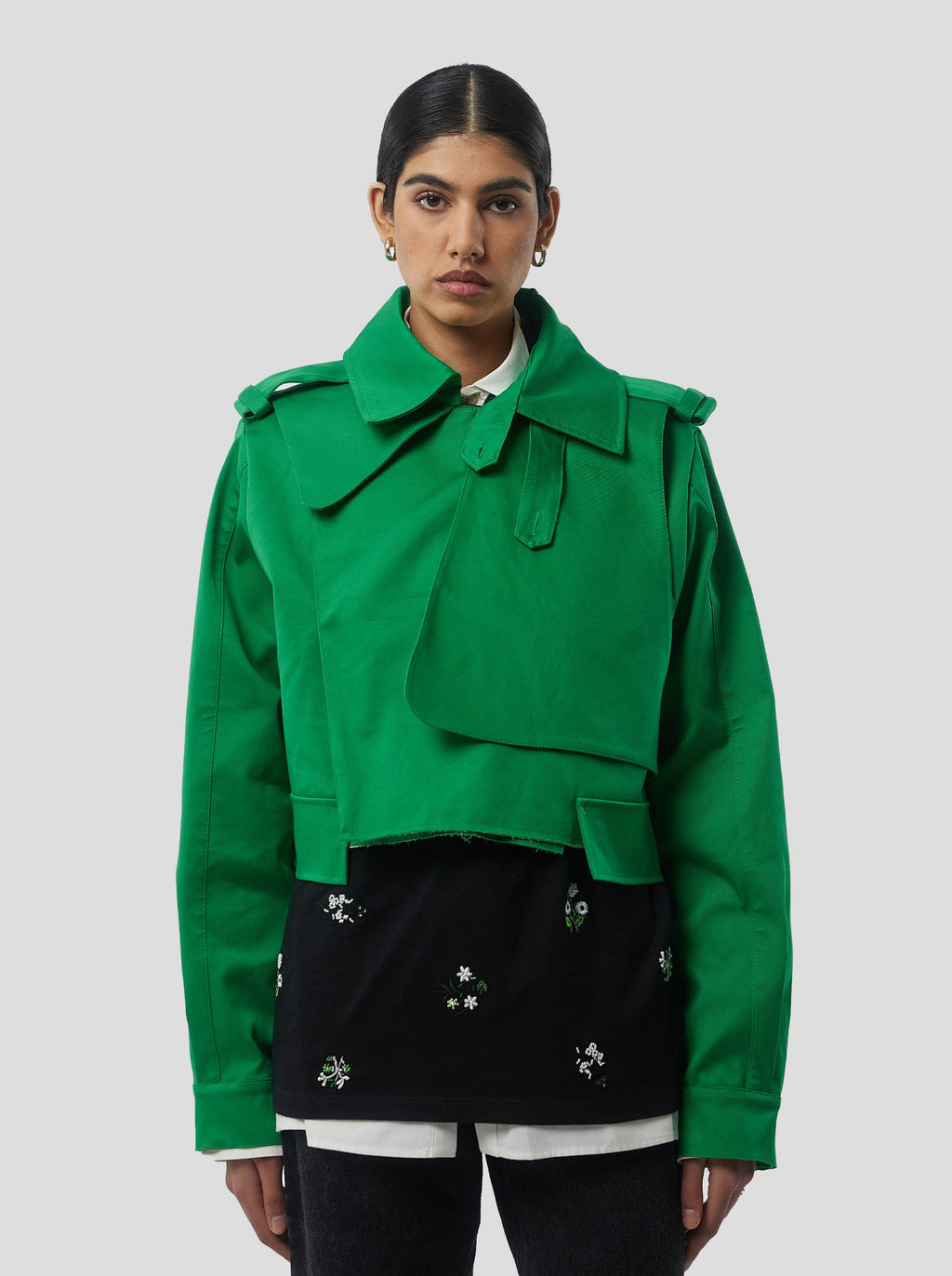 Trevor Cropped Trench Coat in Technical Kelly Green Fabric