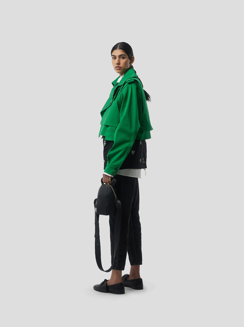 Trevor Cropped Trench Coat in Technical Kelly Green Fabric