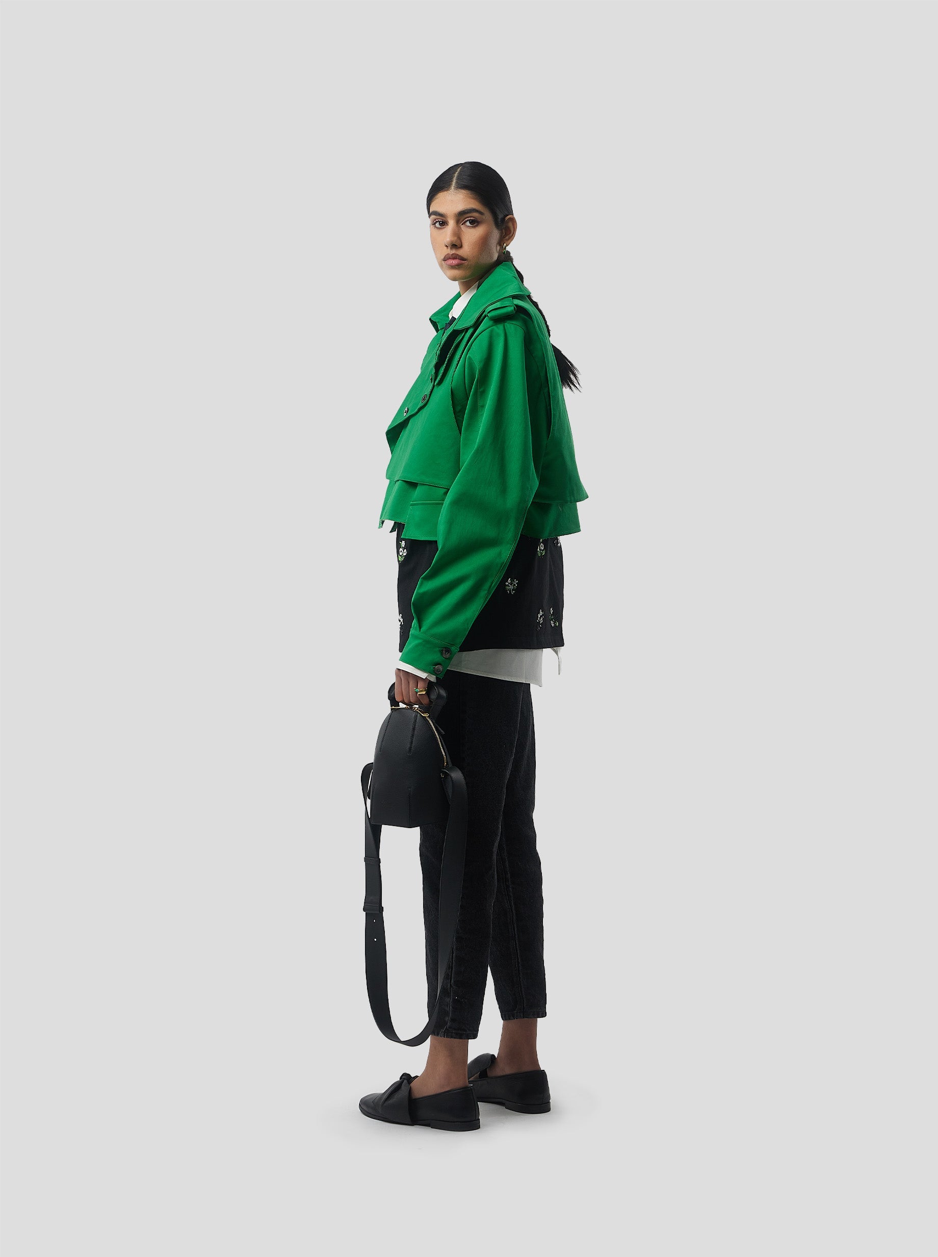 Trevor Cropped Trench Coat in Technical Kelly Green Fabric