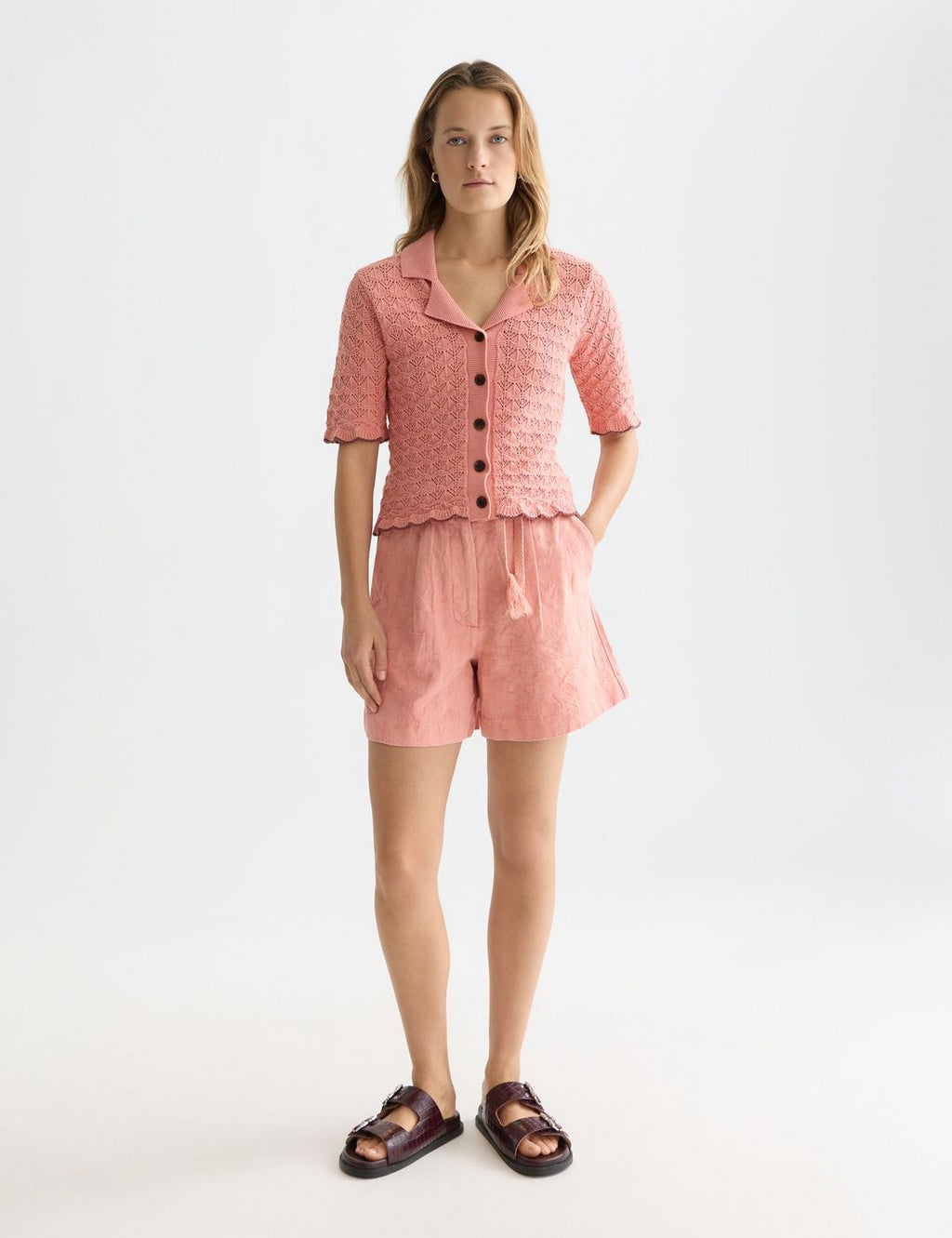 Cardigan Pointelle Short Sleeve - Canyon Clay