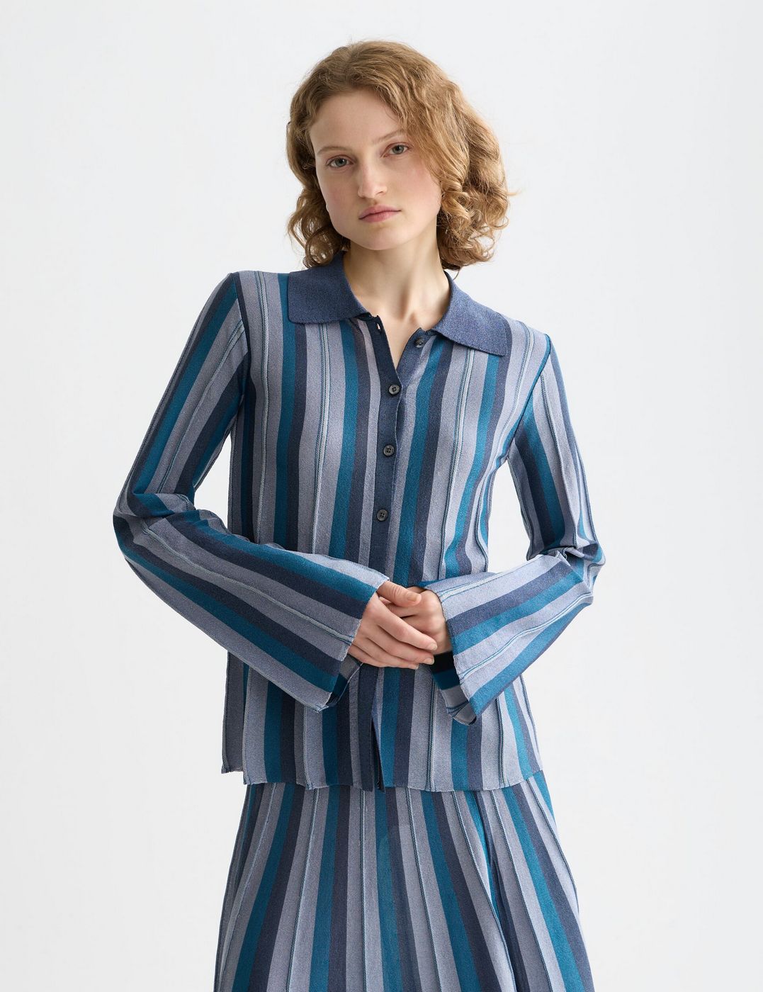 Cardigan Pleated Stripe Collared - Carbon