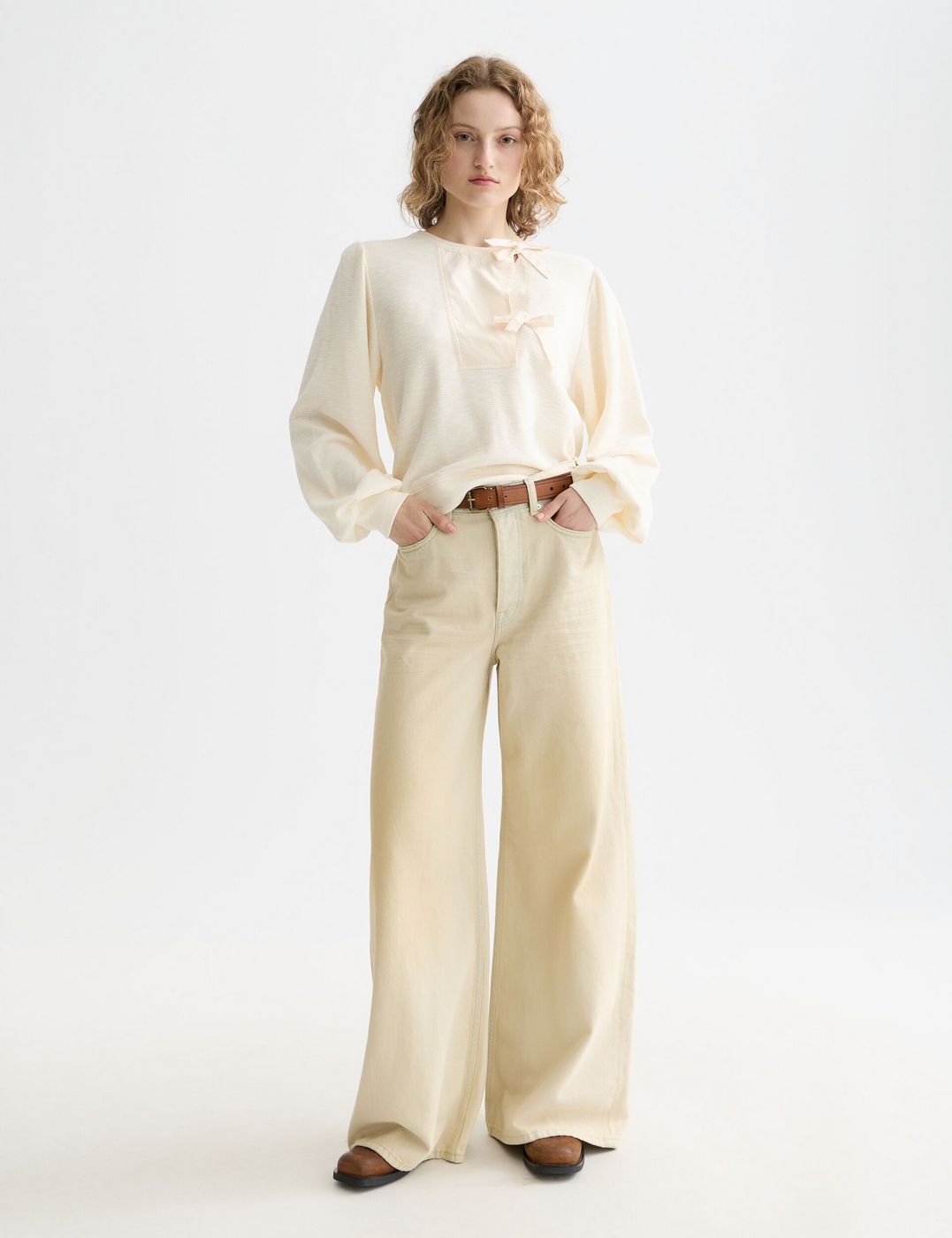Sweat Open Neck With Woven Front Placket - Eggnog