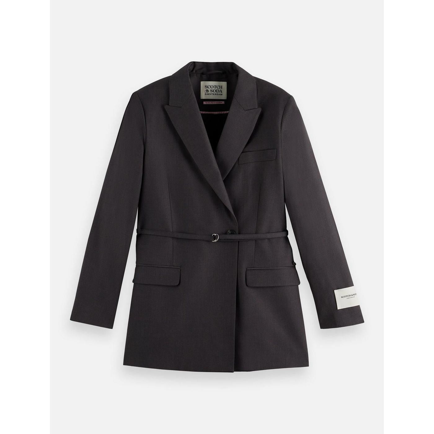 Core Double Breasted Wool Boyfriend Blazer With Belt - Charcoal Melange