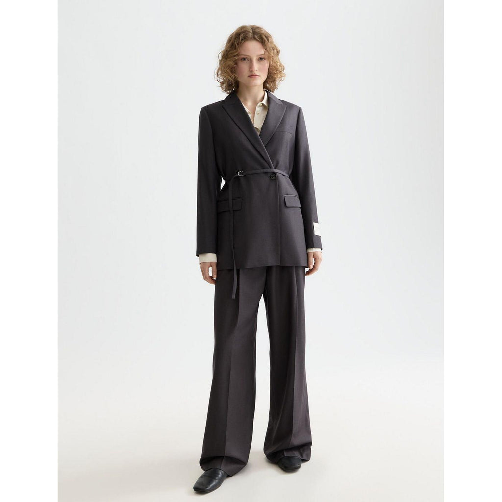 Core Double Breasted Wool Boyfriend Blazer With Belt - Charcoal Melange