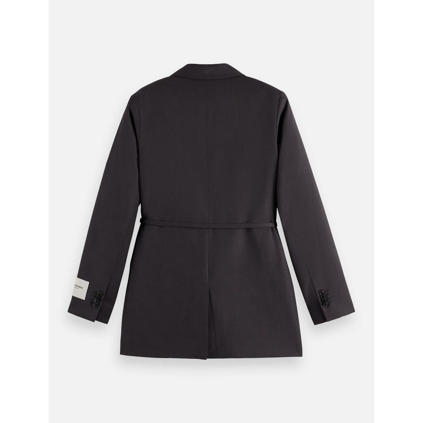 Core Double Breasted Wool Boyfriend Blazer With Belt - Charcoal Melange