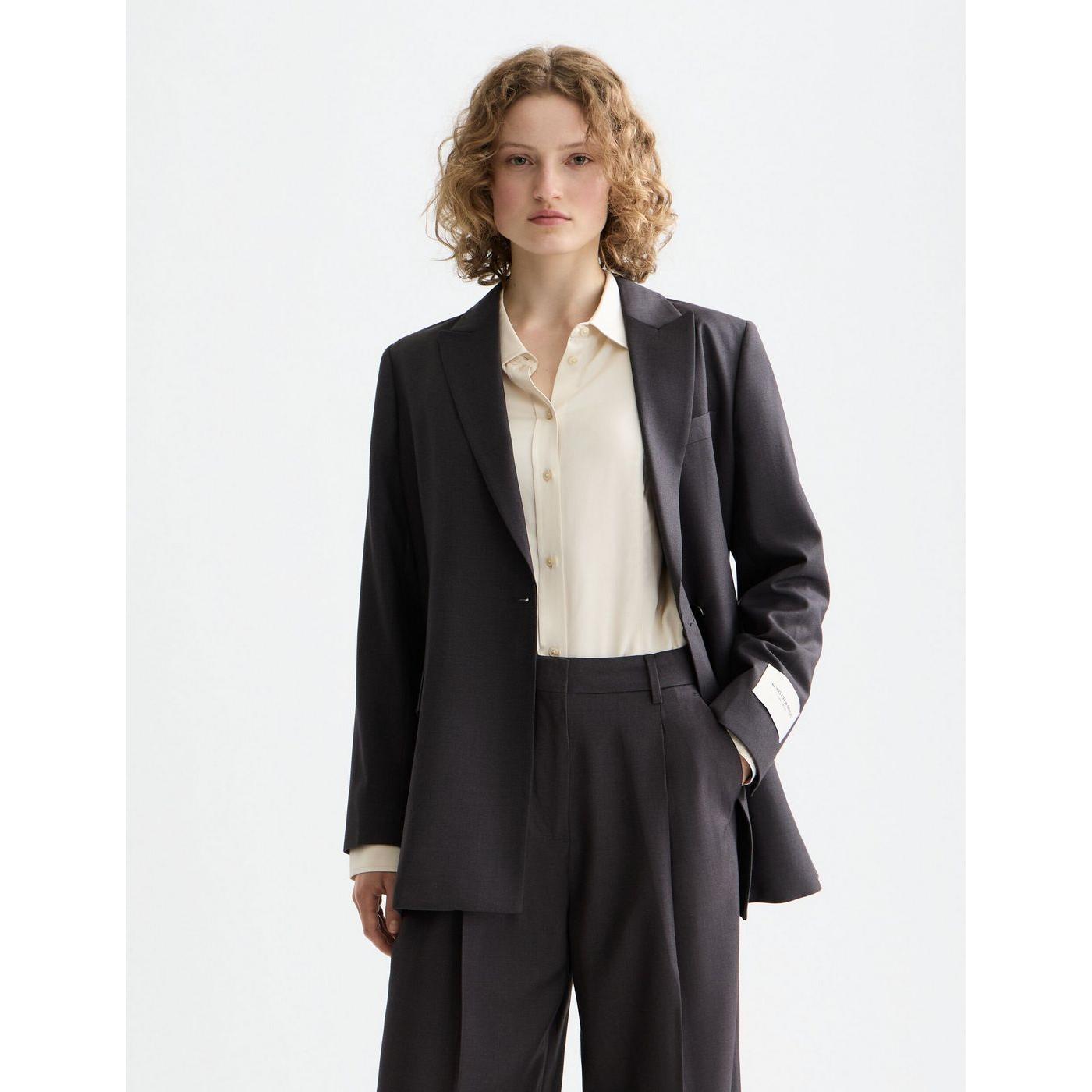 Core Double Breasted Wool Boyfriend Blazer With Belt - Charcoal Melange