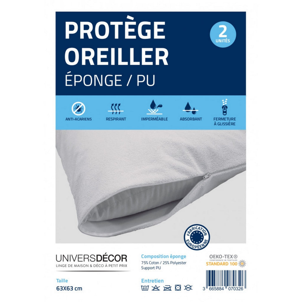 Juego de 2 protectores de almohada - Esponja antiácaros impermeable - Blanco
