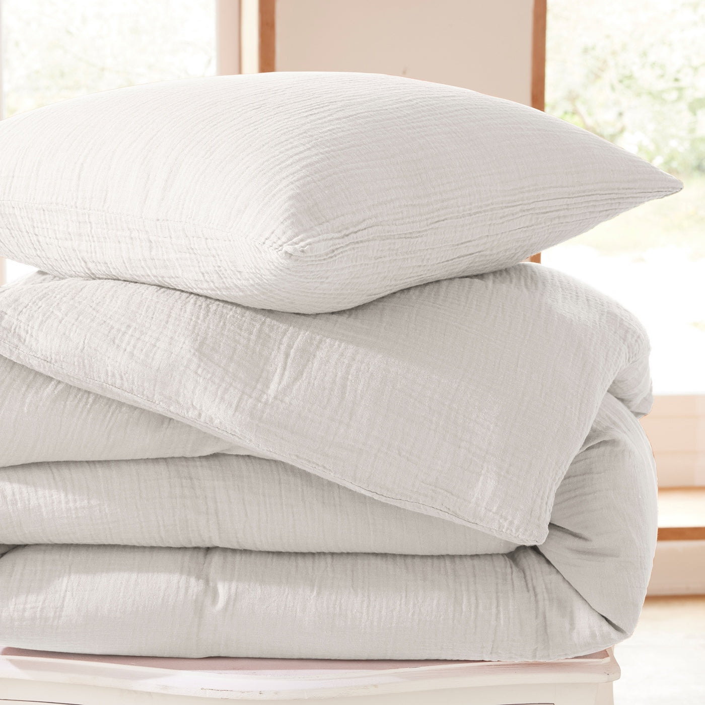 Parure De Couette (Housse + Taies D'Oreiller) - 100% Gaze De Coton - Neige
