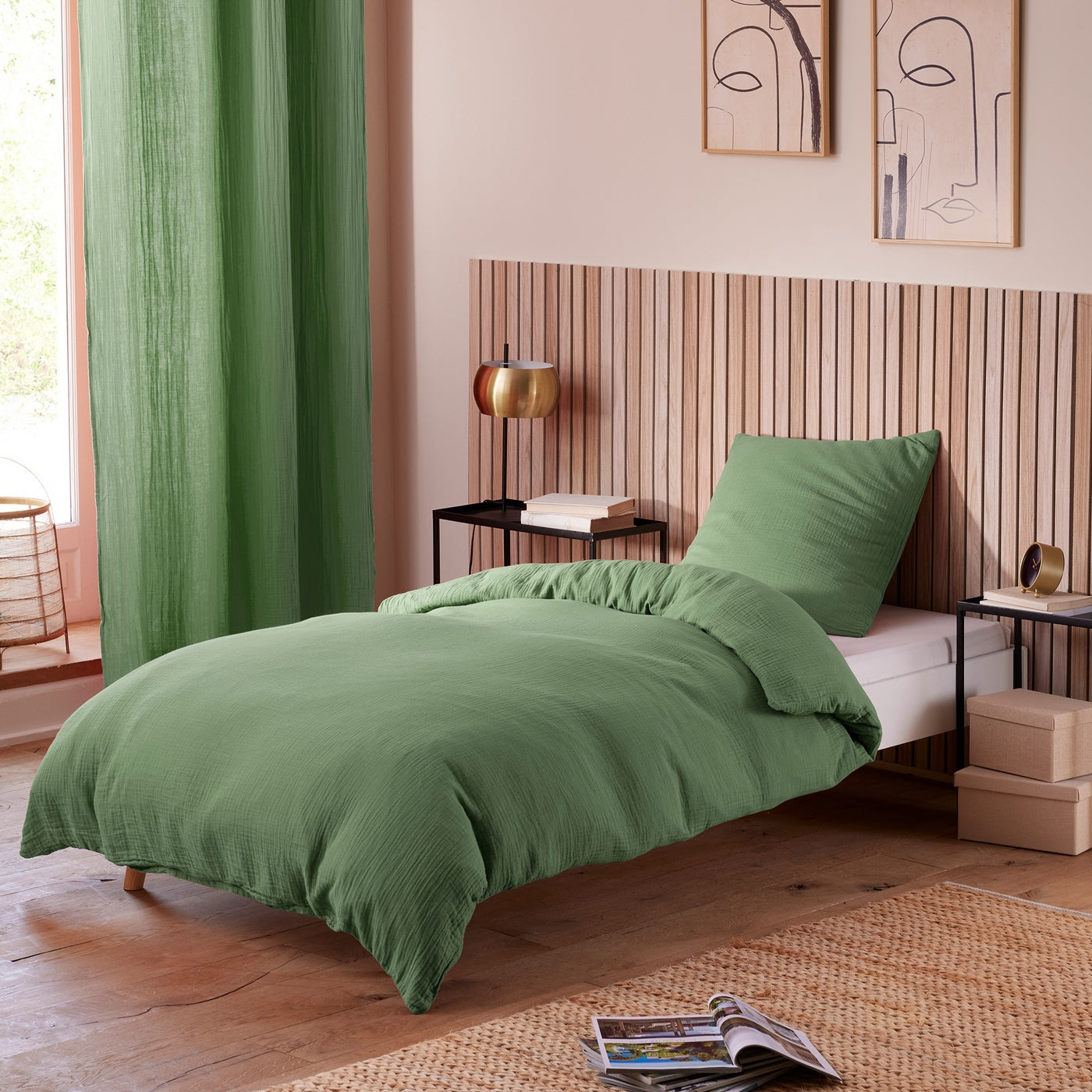 Parure De Couette (Housse + Taies D'Oreiller) - 100% Gaze De Coton - Olive