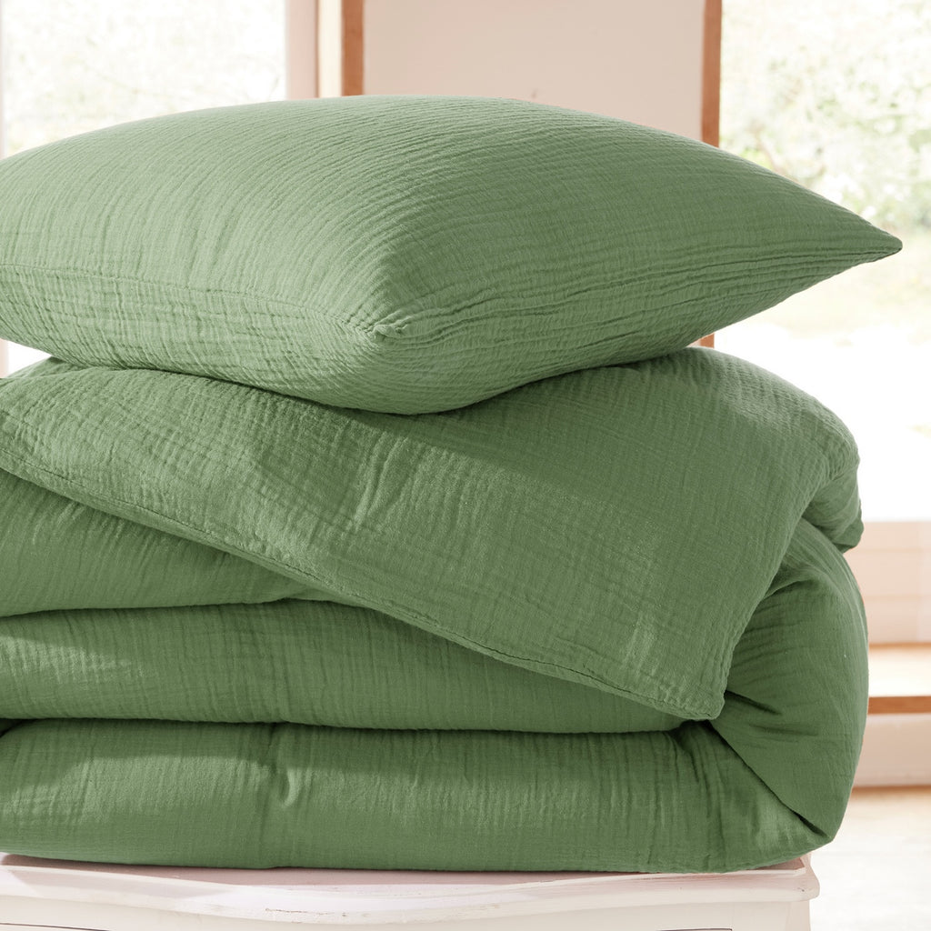 Parure De Couette (Housse + Taies D'Oreiller) - 100% Gaze De Coton - Olive