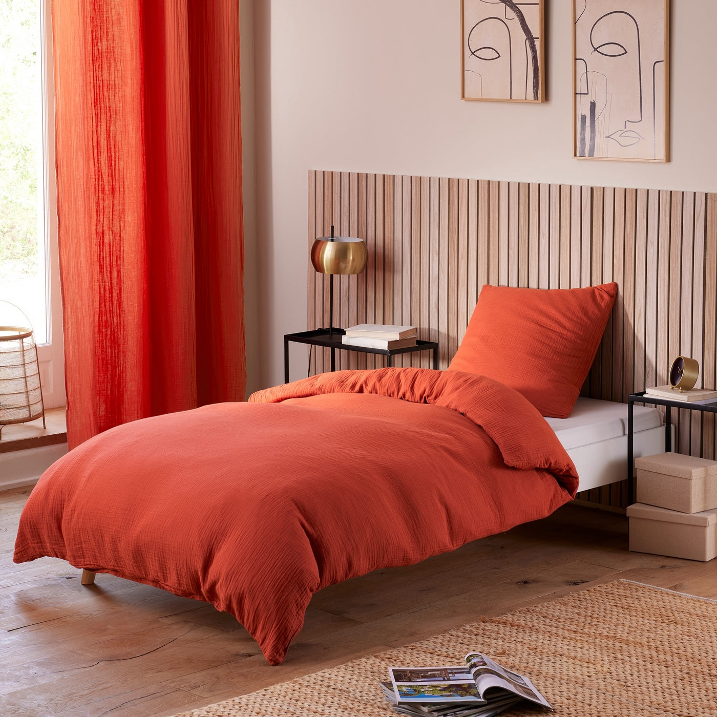 Parure De Couette (Housse + Taies D'Oreiller) - 100% Gaze De Coton - Orange