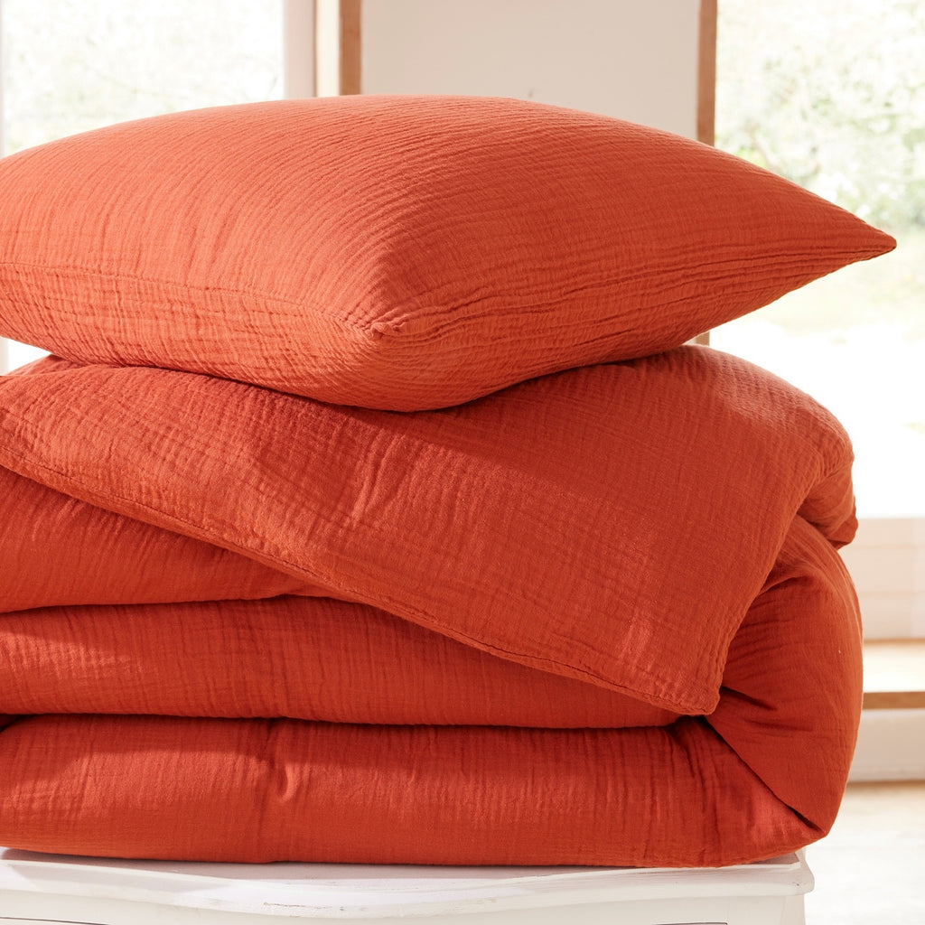 Parure De Couette (Housse + Taies D'Oreiller) - 100% Gaze De Coton - Orange