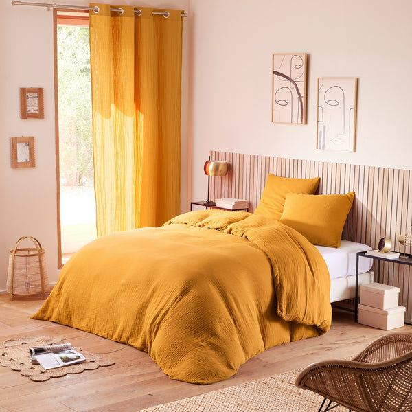 Parure De Couette (Housse + Taies D'Oreiller) - 100% Gaze De Coton - Curry