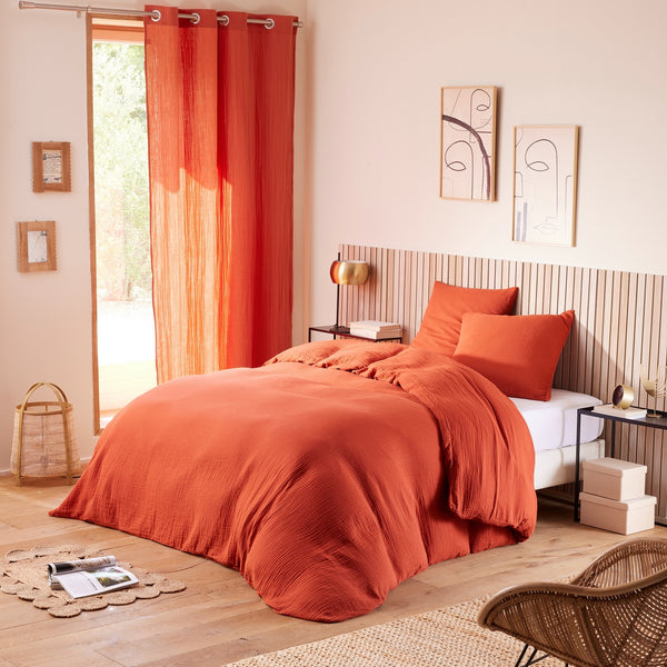 Parure De Couette (Housse + Taies D'Oreiller) - 100% Gaze De Coton - Orange