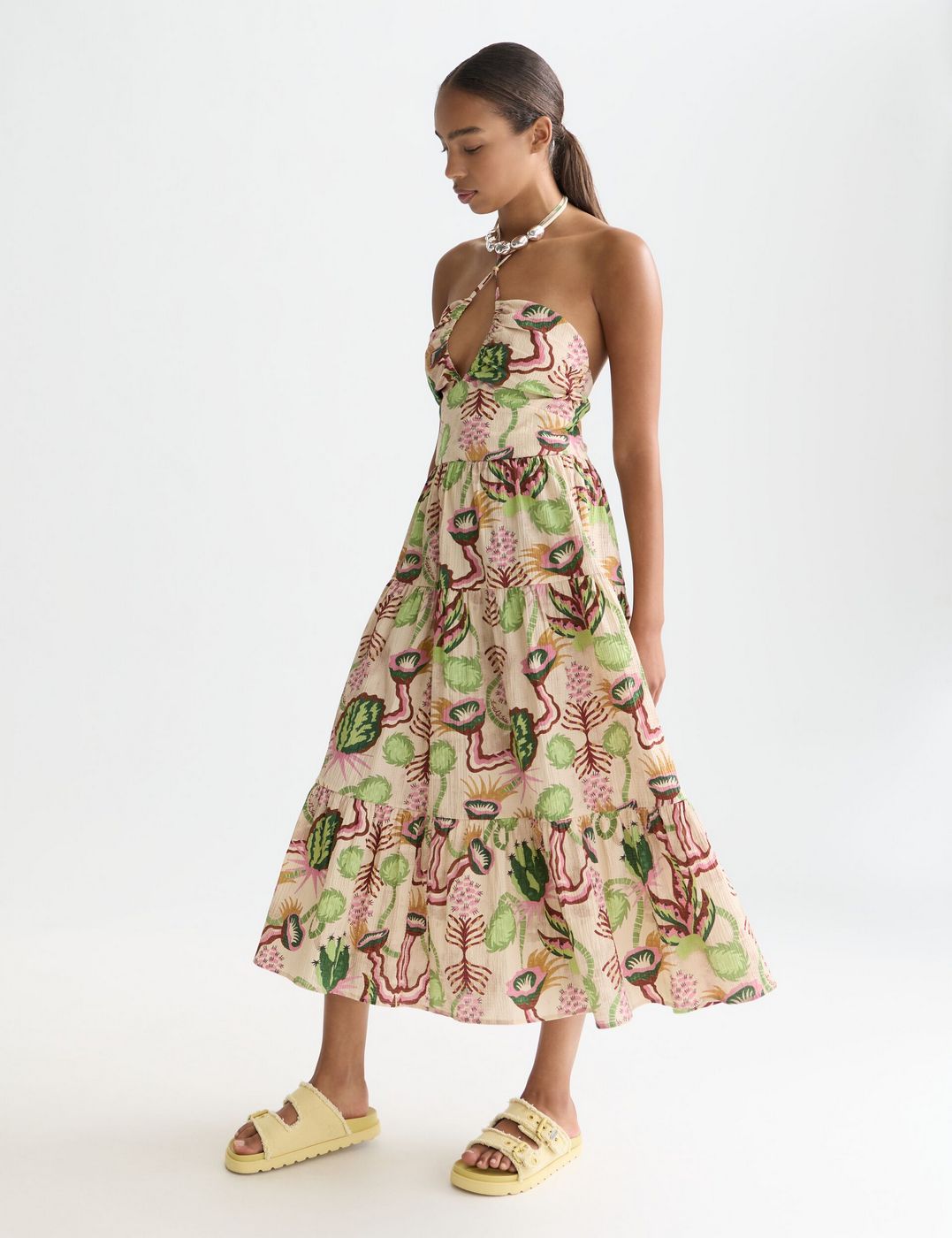 Robe Cotton Seersucker Keyhole Halter Midi - Desert Floral Canyon Clay