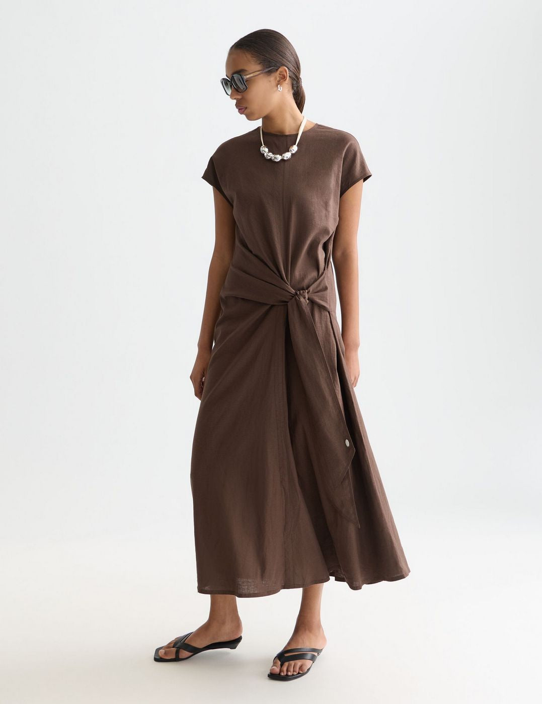 Robe Relaxed Linen Blend Ankle Length Tie - Hot Fudge