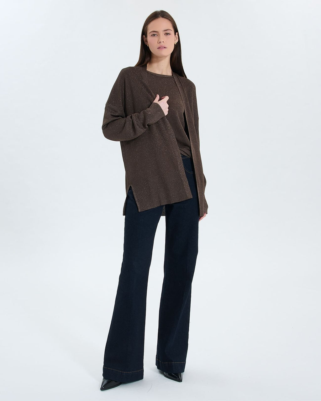 Long taupe open cardigan 1