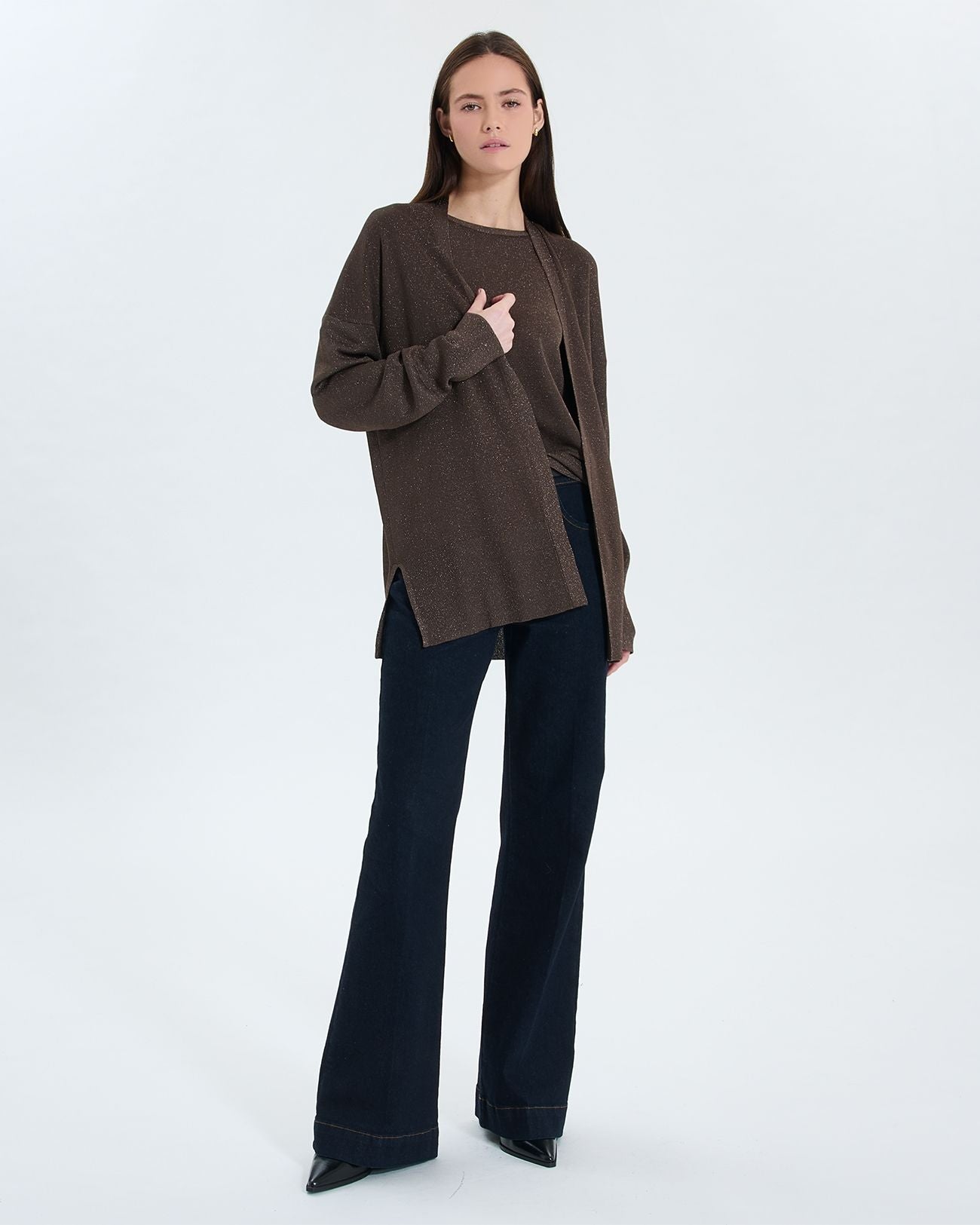Long taupe open cardigan 1